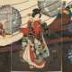 Utagawa Kunisada (1786-1865) "Drei Geishas vor Läden", Farbholzschnitte, Triptychon, sign. Kôchôrô Toyokuni ga und Ichiyôsai Toyokuni ga, Verleger Yamaguchi Tôbei, 36x74cm (m.R. 61x99,5cm), leichte Altersspuren… - фото 1