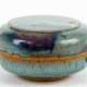 CHINESE LIGHT BLUE GLAZED CERAMIC LID JAR WITH BLUE AND PINK COLORED DASHES OF COLOR - фото 1