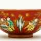 RED CHINESE PORCELAIN BOWL WITH FIGURAL SCENERY AND GOLDEN DECORATIONS - photo 1