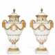 A PAIR OF ORMOLU AND MARBLE MOUNTED PARIS (COMTE D'ARTOIS) PORCELAIN GILT-WHITE VASES AND TWO COVERS - фото 1