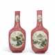 A PAIR OF RUBY SGRAFFIATO GROUND FAMILLE ROSE 'LANDSCAPE' VASES - фото 1