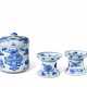 A PAIR OF BLUE AND WHITE SALT CELLARS AND A BLUE AND WHITE JAR AND COVER - photo 1