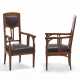 Pair of Liberty armchairs. Milan, early 20th century. Solid wood carved, threaded and inlaid with different woods. Seat and back covered in brown leather. (54x101x50 cm.) (slight defects) - Foto 1