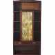 Bar cabinet/bookcase with eight open compartments, a drawer and a door cabinet. 1900ca. Solid mahogany wood, brass handles, door with Murano glass in shades of lattimo and yellow, imitating alabaster. Carved cymatium with flowers. (90x189x33 cm.) (sl - фото 1