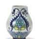 Bulb-shaped enamelled ceramic vase with cobalt blue, light blue, yellow and green geometric decorations and with two tritons and flower on a white under glaze background. Mugello, 1920s. Marked in blue under the base: "CHINI E C / MUGELLO / (ITALIA)" - Foto 1