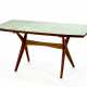 Table with shaped solid wooden trestle frame. Top edged and covered with green laminate. Italy, 1950s. (171x76x76.5 cm.) (slight defects) - фото 1