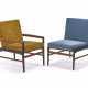 Pair of armchair, only one with arms. Italy, 1950s/1960s. Wooden frame, seat and back upholstered in yellow and blue velvet. (54.5x75x70.5 cm.) (slight defects) - photo 1