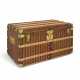 A BROWN & BEIGE STRIPED CANVAS STEAMER 90 TRUNK WITH BRASS HARDWARE - Foto 1