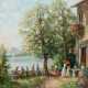 Klein, L. (Deutscher Maler 20. Jh.) "Gartencafe am See", Öl/ Lw., sign. u.r., 71x60 cm, Rahmen - Foto 1