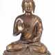 Buddha-Figur "Buddha mit Argumentationsgeste auf Lotosthron sitzend" Nepal, Bronze, 19. Jh., H. 31,5 cm - Foto 1