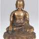 Buddha-Figur "Buddha mit Erleuchtung und Erdberührungsgeste auf doppeltem Lotosthron sitzend", Bronze, H. 31 cm - Foto 1