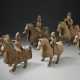 A GROUP OF SIX PAINTED GREY POTTERY FIGURES OF EQUESTRIAN SOLDIERS AND MUSICIANS - фото 1