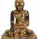 Buddha-Figur, Siam, 2. Hälfte 19. Jh., sitzender Buddha mit Erdberührungsgeste, Holz, mit Restvergoldung, z.T. mit Pailletten belegt, Schwundrisse, H. 39,5 cm - фото 1