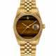 ROLEX. A RARE 18K GOLD AUTOMATIC WRISTWATCH WITH SWEEP CENTRE SECONDS, DATE, BRACELET AND TIGER’S EYE DIAL - фото 1