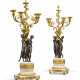 A PAIR OF LOUIS XVI FOUR-LIGHT ORMOLU-MOUNTED PATINATED-BRONZE AND WHITE MARBLE CANDELABRA - фото 1