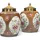 A PAIR OF CHINESE EXPORT PORCELAIN FAMILLE ROSE AND CAFE-AU-LAIT GROUND OVIFORM JARS AND ORMOLU COVERS - photo 1