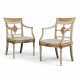 A PAIR OF LATE GEORGE III PARCEL-GILT AND POLYCHROME-PAINTED CANED OPEN-ARMCHAIRS - фото 1