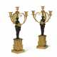 A PAIR OF EMPIRE ORMOLU AND PATINATED BRONZE THREE-LIGHT CANDELABRA - фото 1