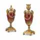 A PAIR OF GEORGE III ORMOLU-MOUNTED RED ENAMELED CANDLE VASES - photo 1