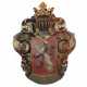 Large, carved, wooden coat of arms depicting a knight`s helmet topped with a crown. 19th century. - Foto 1