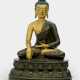 Partiell kalt vergoldete Bronze des Buddha Shakyamuni auf einem Lotos - photo 1