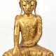 Figur "Sitzender Buddha mit Erdberührungsgeste", Burma 19. Jh., Holz goldfarben gefaßt, Gebrauchspuren, H. 78 cm - Foto 1