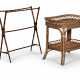 A PAIR OF BAMBOO AND RATTAN TEA TABLES AND A FAUX BAMBOO FOLIO STAND - photo 1