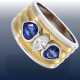 Ring: breiter Bicolor Goldschmiedering mit schönem Navette-Diamanten sowie hochfeinen Saphiren in Herzform, ungetragen - Foto 1
