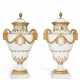 A PAIR OF ORMOLU AND MARBLE MOUNTED PARIS (COMTE D'ARTOIS) PORCELAIN GILT-WHITE VASES AND TWO COVERS - фото 1