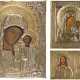 THREE ICONS WITH OKLAD SHOWING PORTRAITS OF THE MOTHER OF GOD AND CHRIST PANTOKRATOR - photo 1