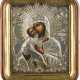 AN ICON SHOWING THE VLADIMIRSKAYA MOTHER OF GOD WITH A SILVER-GILT OKLAD WITHIN KYOT - photo 1