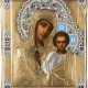 A SMALL ICON SHOWING THE KAZANSKAYA MOTHER OF GOD WITH A SILVER-GILT AND CLOISONNÉ ENAMEL - фото 1