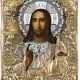 A SMALL ICON SHOWING CHRIST PANTOKRATOR WITH A SILVER-GILT AND CLOISONNÉ ENAMEL OKLAD - фото 1