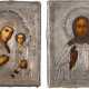 TWO SMALL ICONS WITH SILVER OKLAD: CHRIST PANTOKRATOR AND THE SMOLENSKAYA MOTHER OF GOD - фото 1