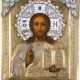 A SMALL ICON SHOWING CHRIST PANTOKRATOR WITH A SILVER-GILT AND CLOISONNÉ ENAMEL OKLAD - photo 1