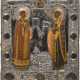 SEHR FEINE IKONE MIT DEN HEILIGEN JOHANNES CHRYSOSTOMUS UND TICHON MIT SELTENEM VERMEIL-RIZA - Foto 1