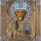 AN ICON SHOWING ST. NICHOLAS OF MYRA WITH A SILVER-GILT AND CLOISONNÉ ENAMEL OKLAD - photo 1