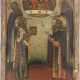 A SMALL ICON SHOWING THE OLD TESTAMENT TRINITY, THREE MONKS AND A BISHOP SAINT - фото 1