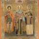 AN IMPORTANT SIGNED AND DATED ICON OF SAINT NICHOLAS OF MYRA, FLANKED BY STS. GEORGE AND - photo 1