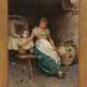 Italienischer Künstler "Junge Frau mit Korbflasche auf einer Bank sitzend", Öl/ Lw., unsign., auf Metallschild bez. "M. Esposito", 35x25,5 cm, Rahmen - фото 1