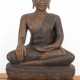 Große Buddha-Figur, auf doppeltem Lolusthron sitzend, Holz geschnitzt, Erleuchtung auf Kopf fehlt, Holz mit Abplatzungen, 86x44x40 cm - photo 1