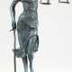 Bronzefigur "Justitia", mit Waage und Schwert auf Buch und Schlange stehend, Nachguß, grün patiniert, bezeichnet "Mayer", Gießerplakette "J.B. Deposee Paris", auf rundem, schwarzem Steinsock… - photo 1