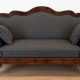 Biedermeier-Sofa, Mahagoni, geschweifte Rückenlehne, beschnitzte Füße und Armlehnen handpoliert, neu gepolstert und grau/schwarz bezogen, mit 2 Kissen, min. Gebrauchspuren, 105x195x66 cm - фото 1