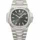 PATEK PHILIPPE. A VERY RARE AND HIGHLY COVETED STAINLESS STEEL AND BAGUETTE-CUT DIAMOND-SET AUTOMATIC WRISTWATCH WITH SWEEP CENTRE SECONDS, DATE AND BRACELET - photo 1