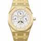 AUDEMARS PIGUET. A VERY RARE AND ATTRACTIVE 18K GOLD AUTOMATIC PERPETUAL CALENDAR WRISTWATCH WITH MOON PHASES AND BRACELET - фото 1