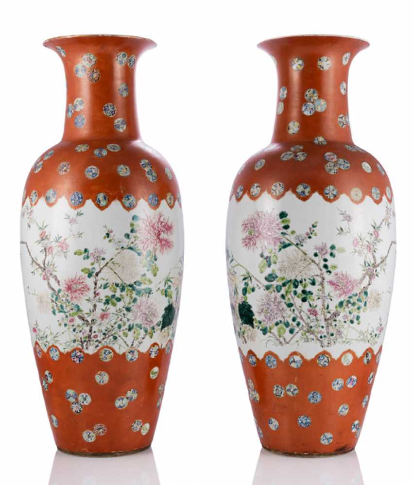 Pair Of Large Floor Vases With Bird And Chrysanthemum