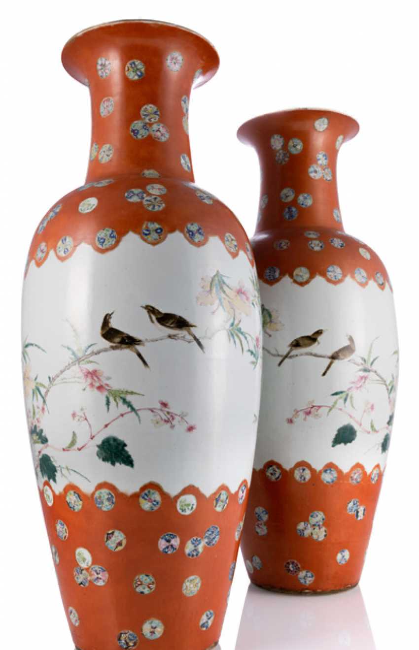 Pair Of Large Floor Vases With Bird And Chrysanthemum