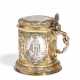 LARGE SILVER LIDDED TANKARD WITH FINELY ENGRAVED COSTUME FIGURES AND ALLIANCE COAT OF ARMS - photo 1