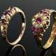 2 Zarte antike englische Vorsteckringe: Rotgold 585 Ring mit Rubinen (Tragespuren) und Diamanten im Alt- und Achtkant Schliff (zus. ca. 0.12ct/SI-P1/TCR, 2g, Gr. 48) sowie Gelbgold 625 Ring mit Rubinen und Flussperlen (… - фото 1