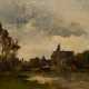 Dufour, Camille Emile (1841-1933) „Flusslandschaft mit Kirche“, Öl/Holz, u.l. sign., 17,6x26,8cm (m.R. 36,3x45,4cm), rest., Holz min. gebogen - photo 1